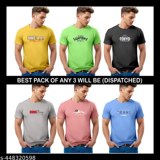 Men's round neck half-sleeve cotton t-shirts combo pack 3 - Stylish, printed, and comfortable tees in various colors for everyday wear. Made from soft cotton, featuring a relaxed fit and easy care. Perfect for men's fashion #menstshirtcombo #menstshirtcombooffer #menstshirtcombopack