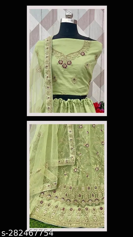 Pista color net lehenga-choli set, embroidered with free size and 2.5m dupatta length, perfect for regular occasions