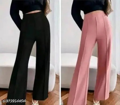 Cotton Lycra bootcut bellbottom trouser pants combo (2), solid color, women's slim fit casual trousers - regular fit, stretchable, India origin
