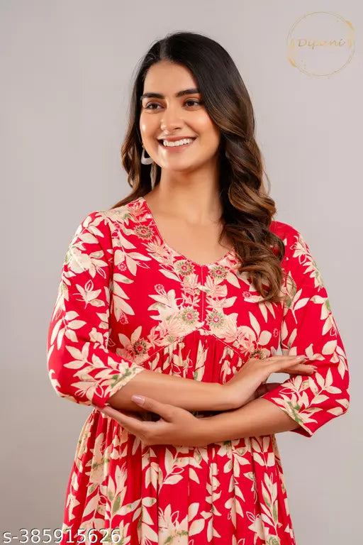 Rayon Anita Collection Women's Embroidered & Printed Anarkali Kurtis (S-36 to 5XL-50), three-quarter sleeve Indian fashion on mannequin