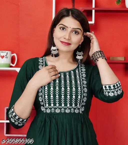 Rayon Anarkali kurta with trendy embroidery, single solid color. S - Bust 36", Size Length 48"; M - Bust 38", Size Length 48"; L - Bust 40", Size Length 48"; XL - Bust 42", Size Length 48"; XXL - Bust 44", Size Length 48"; XXXL - Bust 46", Size Length 48". Indian fashion for functions, festivals, parties, and weddings