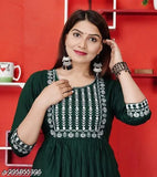 Rayon Anarkali kurta with trendy embroidery, single solid color. S - Bust 36", Size Length 48"; M - Bust 38", Size Length 48"; L - Bust 40", Size Length 48"; XL - Bust 42", Size Length 48"; XXL - Bust 44", Size Length 48"; XXXL - Bust 46", Size Length 48". Indian fashion for functions, festivals, parties, and weddings