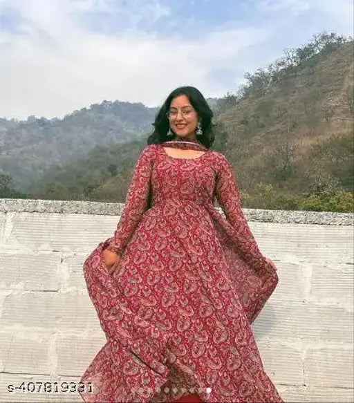 Elegant partywear women's Anarkali Paisley Print Gown & Dupatta Set (N, M, L, XL, XXL). Premium poly georgette, intricate paisley print, special event wear