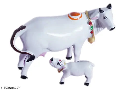 Resin Kamdhenu Cow with Calf, 12cm tall - Indian handcrafted religious showpiece for home decor