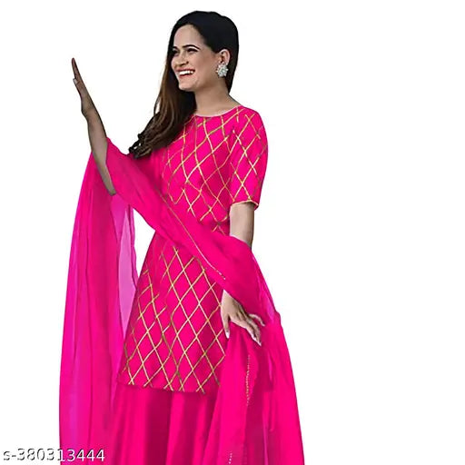 Rayon kurta and sharara set with dupatta, cotton three-quarter sleeves printed combo, Indian ethnic wear for women