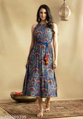 Printed rayon sleeveless ANIRA dress, vibrant Indian-inspired combo pattern