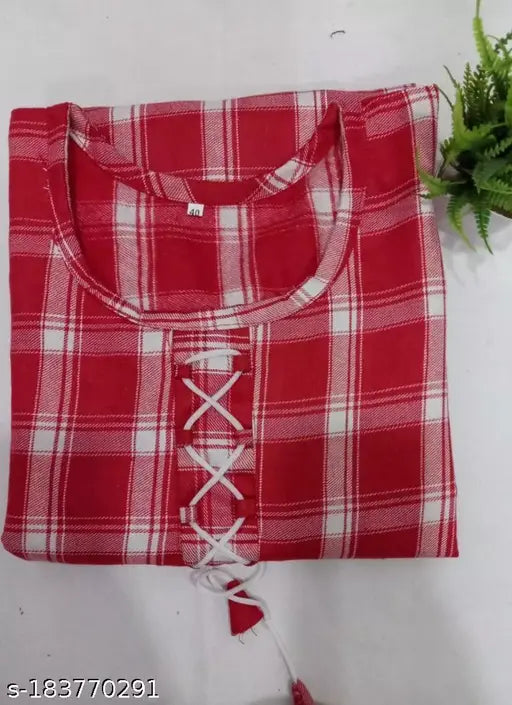 Stylish red woolen kurti, three-quarter sleeves, cotton, checked - Women's top wear, ethnic wear for women, India