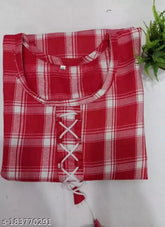 Stylish red woolen kurti, cotton three-quarter sleeves with checked pattern. Women's ethnic wear for S, M, L, XL, XXL. Woolen top wear from India