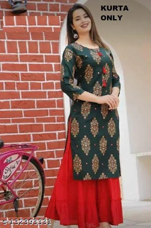 Green rayon kurta with mirror embroidery, three-quarter sleeves, printed combo. XL (Bust 42in, Length 42in), XXL (Bust 44in, Length 42in). Indian traditional top on hanger