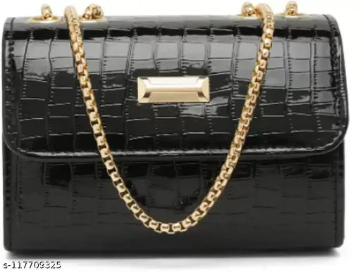 Black PU Women's Sling Bag, solid net design, gold accents, Indian origin