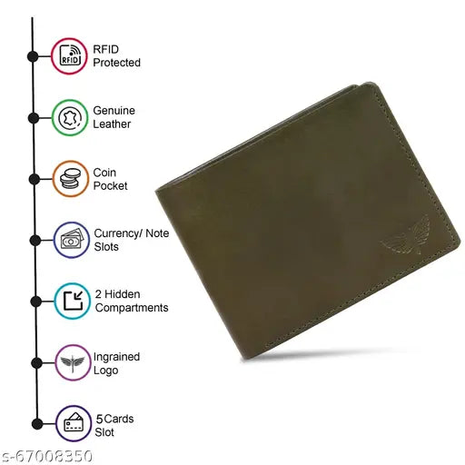 Olive green premium leather wallet for men, high-quality genuine leather accessory with solid pattern, free size (11cm x 10cm)