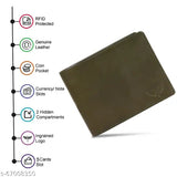 Olive green premium leather wallet for men, high-quality genuine leather accessory with solid pattern, free size (11cm x 10cm)