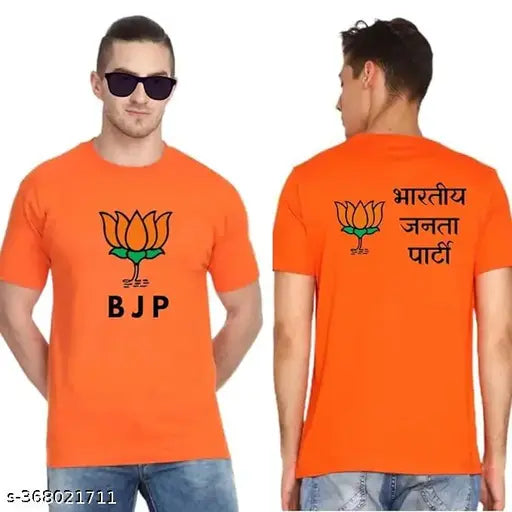 Orange cotton-blend BJP t-shirt with front and back printed design, short sleeves