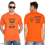 Orange cotton-blend BJP t-shirt with front and back printed design, short sleeves