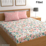 Premium king-size glace cotton bedsheet, fully elasticated fitted with botanical pattern, two large pillow covers - ideal for summer adult use