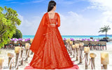 Red and blue designer silk lehenga choli for girls 12 years, embroidered with soft pink, yellow, black, and green hues. Indian ethnic wear for fancy weddings or parties
