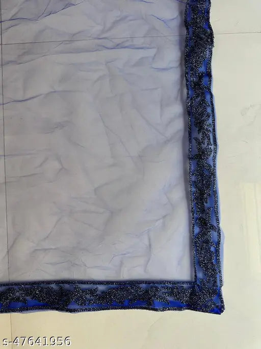 Navy blue embroidered unstitched Indo Western lehenga set with choli and dupatta, featuring net fabric, lace detailing, and embellishments for stylish party or wedding wear