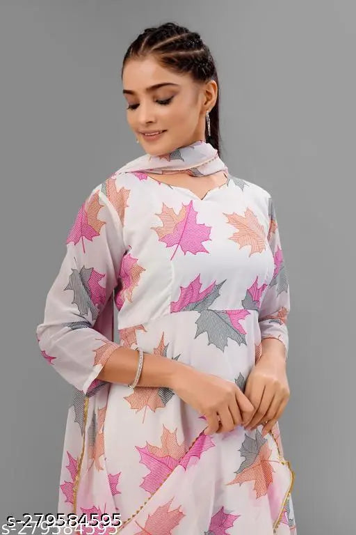 White faux Georgette printed dress with dupatta, full inner lining for women - India