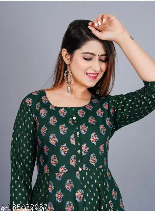 Women's Chanderi Silk Anarkali Kurta with Whit Gold Print, three-quarter sleeves, S (36in bust, 40in length), India