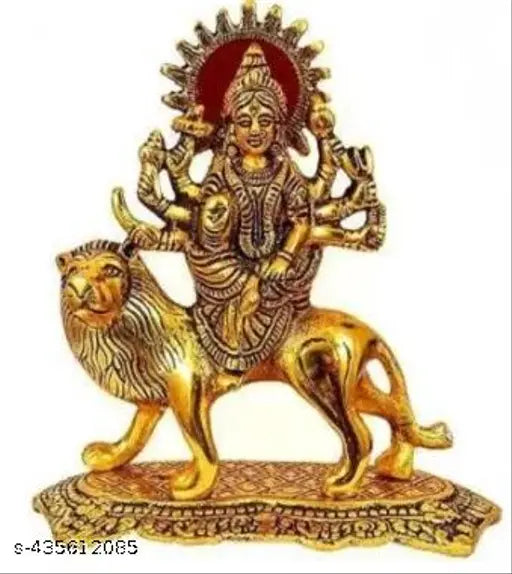 Handcrafted brass Durga Maa idol, gold-maroon colored showpiece for home decor, 20 cm tall