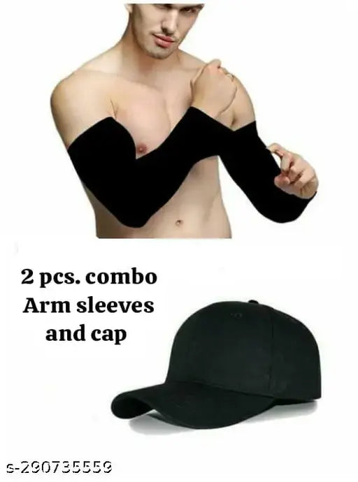 Modern cotton baseball cap and arm sleeves pack, trending solid design for men and women, comfortable athletic accessory from India