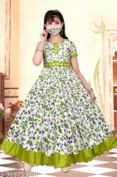 Green cotton blend short sleeve casual western wear gown dress for girls, stylish and versatile for any occasion