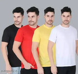 Stylish polycotton gym tshirts for men, solid color pack of 4 pieces (S-XXL), Indian brand M Mart Creation on display rack