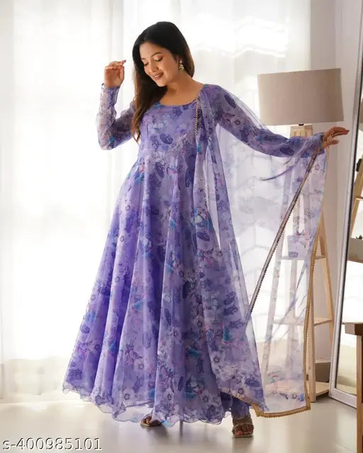 Indian printed georgette anarkali gown with dupatta, long sleeves, size S (36in bust, 54in length, 32in waist)