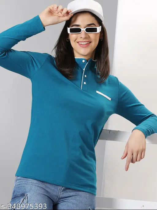 Teal cotton blend long sleeve women's placement print t-shirt, perfect for casual wear