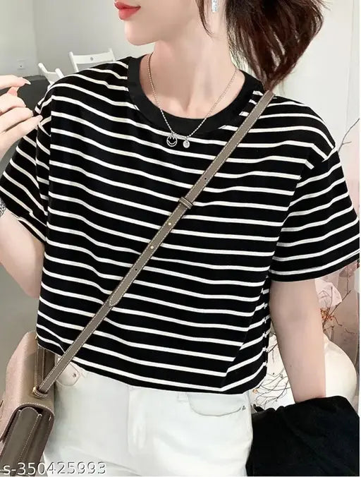 Striped cotton oversized t-shirt for women, short sleeves, stylish, India-made