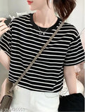 Striped cotton oversized t-shirt for women, short sleeves, stylish, India-made