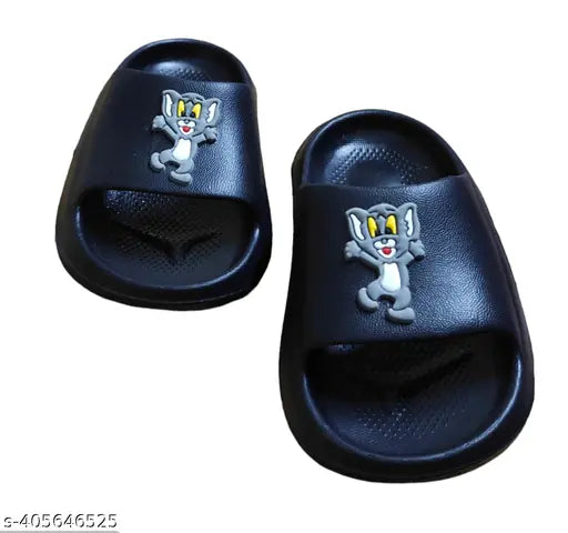 Black color kids flip flops for boys and girls - Pu sole, cartoon characters design, promoting healthy foot development