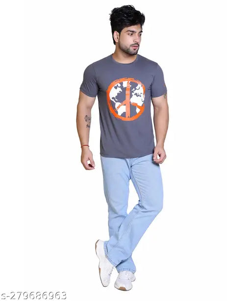 Starfox Men's steel grey half sleeve round neck graphic print cotton blend t-shirt - perfect for everyday wear, featuring a printed design on short sleeves, size M (40 in chest, 27.5 in length)