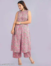 Cotton pink set, sleeveless kurta and pants with printed net pattern, single size from Indian brand Ravi Enterprises
