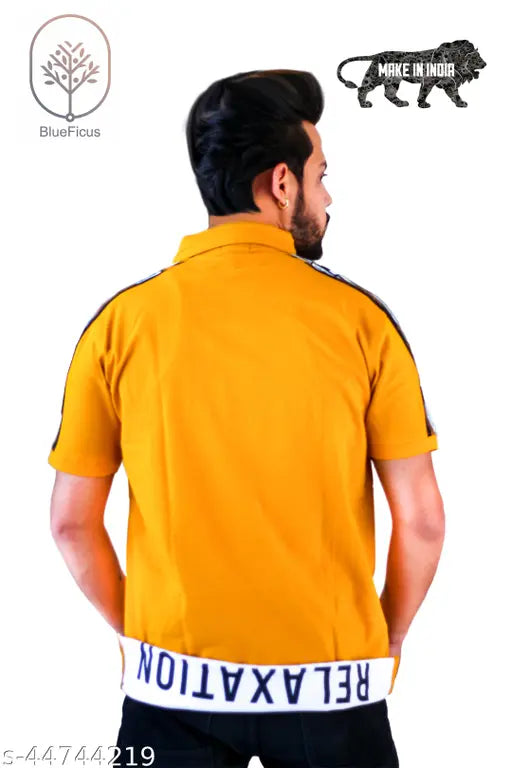 Blue cotton blend men's t-shirt with mustard yello chest printing, short sleeves - India
