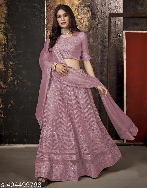 Embroidered lehenga choli set in net fabric, Indian semi-stitched with 42in waist and length