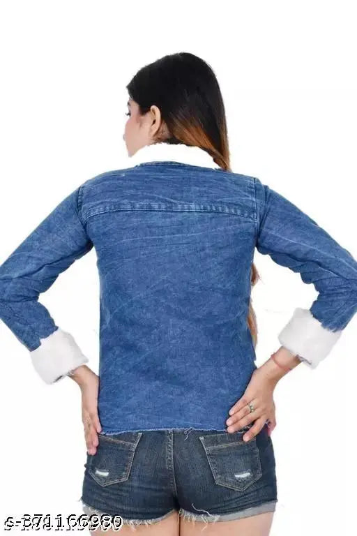 Stylish girls denim jacket with fur collar, solid pattern, three-quarter sleeves - kids' fashion accessory, India origin
