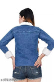 Stylish girls denim jacket with fur collar, solid pattern, three-quarter sleeves - kids' fashion accessory, India origin