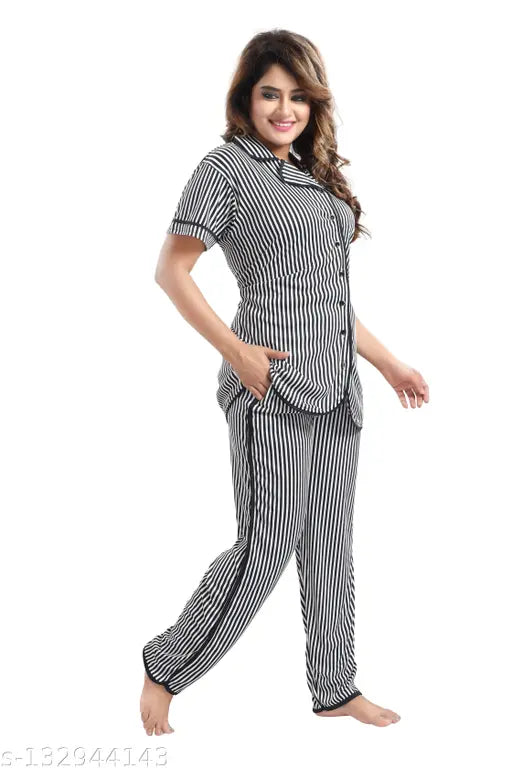 Black polyester LIFETALE women's printed net night suit with short sleeves, featuring a shirt-style top and pyjama-style bottom with side pocket. Made in India