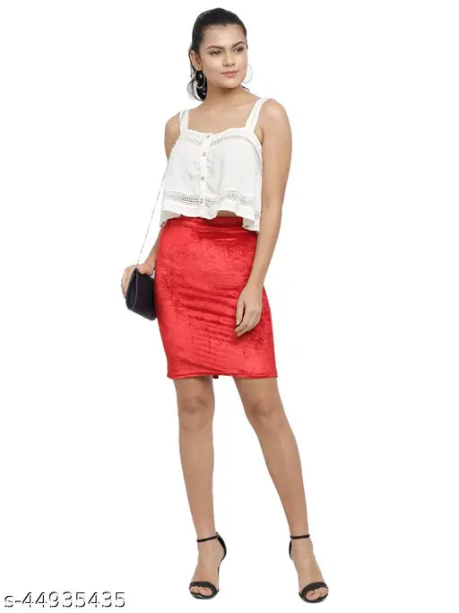 Red velvet pencil skirt with high waist and back slit, versatile for work or special occasions. Polyester fabric, comfortable elastic band, fits sizes 26-36