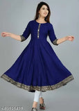 Nevy Blue Rayon Anarkali Kurtis with lace border and printed net detail - daily wear women's fashion