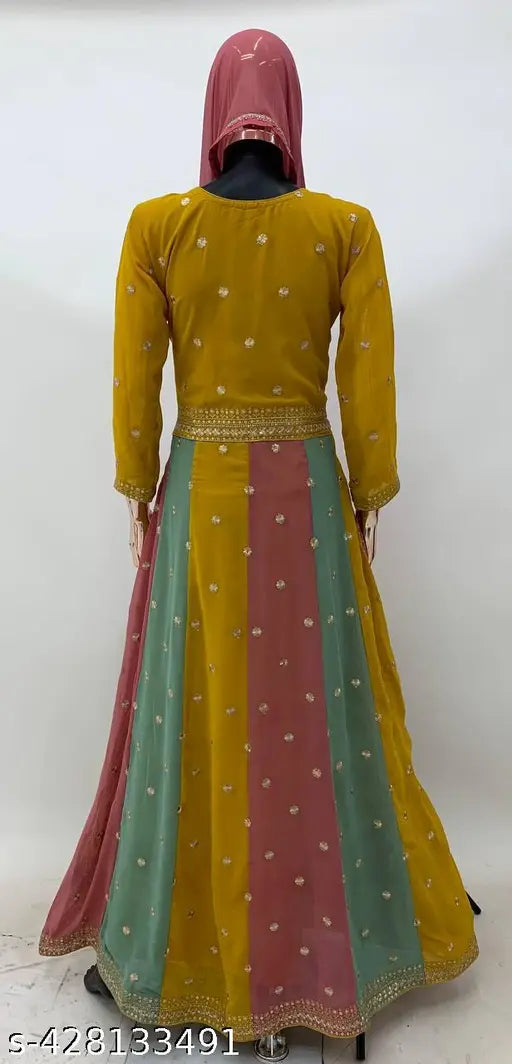Yellow, green, and pink embroidered Georgette gown with Shantoon inner and matching dupatta. Lovely Indian ethnic wear for every occasion." (1183-Yellow)