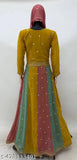 Yellow, green, and pink embroidered Georgette gown with Shantoon inner and matching dupatta. Lovely Indian ethnic wear for every occasion." (1183-Yellow)