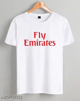 White printed sports t-shirt, polyester, short sleeves, Fly Emirates design - unisex fit, India origin