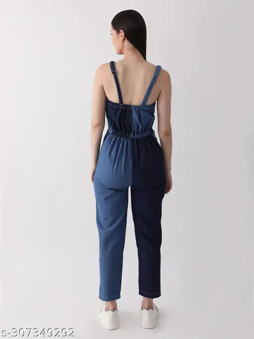 Denim sleeveless women's jumpsuit (DCW24130), solid net, fashion-forward, Indian origin