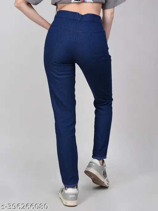 Stretchable premium dark blue high-waisted denim jeans, 100% Indian manufacturer, fits women & girls, bell bottom, cargo style" (124 characters)