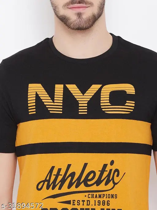 Yellow cotton blend round neck t-shirt by Austin Wood, half printed, short sleeves, XXL size (Chest 46 in, Length 18 in), made in India
