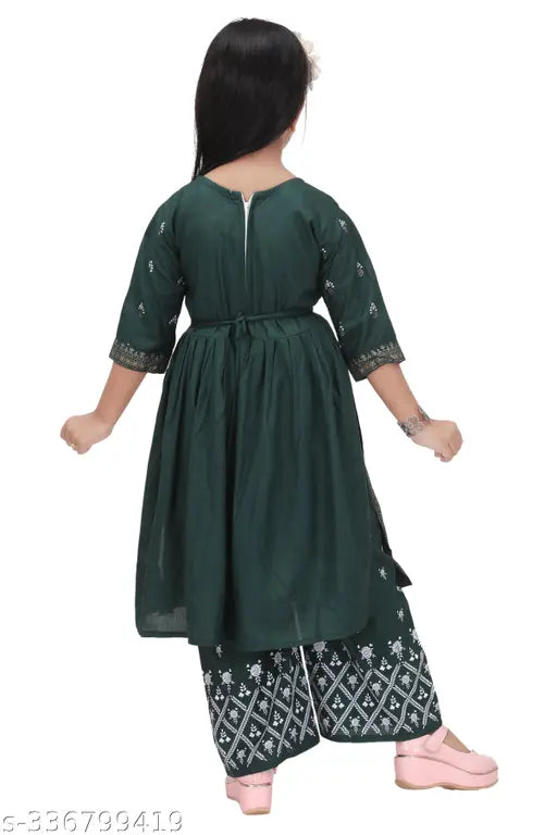 Green rayon kid's Naira Cut Kurta set with palazzo bottoms, vibrant print design