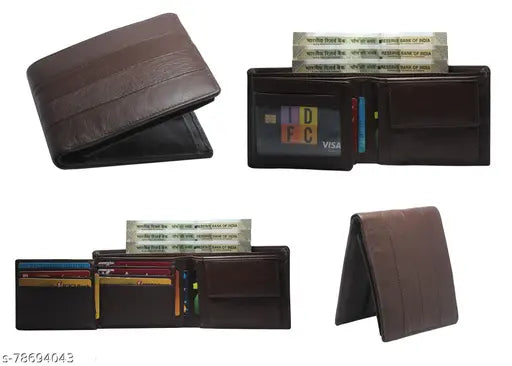 Solid leather men's wallet, FancyUnique brand, 2 compartments, free size (11x9cm), India-made