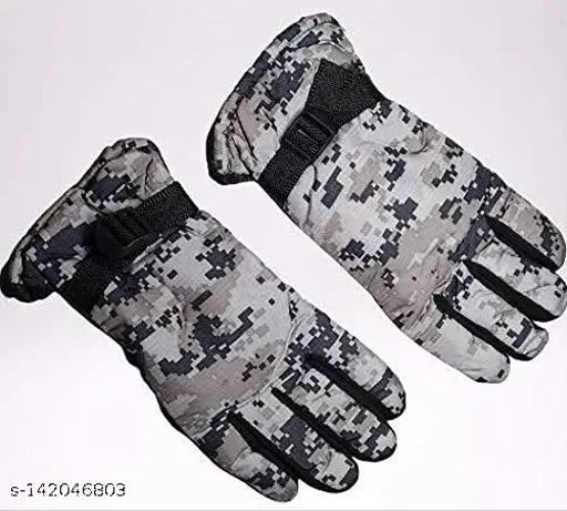 Grey snow-proof wool beanie cap & neck warmer set with military gloves, arcylic printed unisex balaclava cap and pair of hand gloves